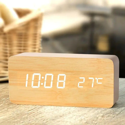 LED Wooden Digital Alarm Clock with Temperature Desk