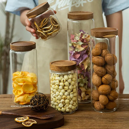 Kitchen Wood Lid Glass Storage Jars