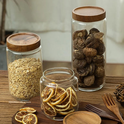 Kitchen Wood Lid Glass Storage Jars