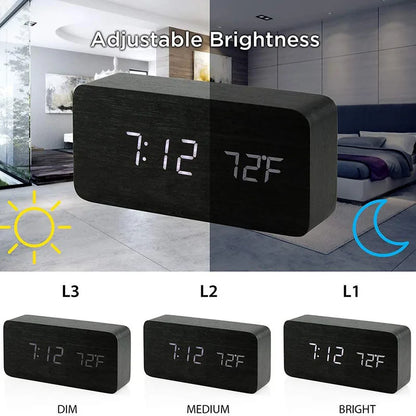 LED Wooden Digital Alarm Clock with Temperature Desk