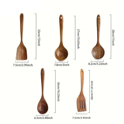 5pcs Kitchen Natural Wooden Cooking Spoon