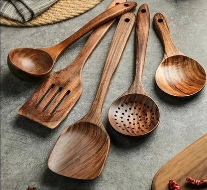 5pcs Kitchen Natural Wooden Cooking Spoon