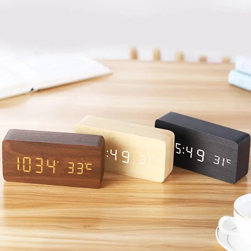 LED Wooden Digital Alarm Clock with Temperature Desk