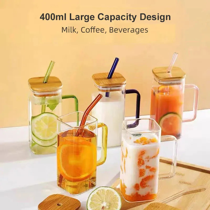 400ml Square Glass Mug With Lid